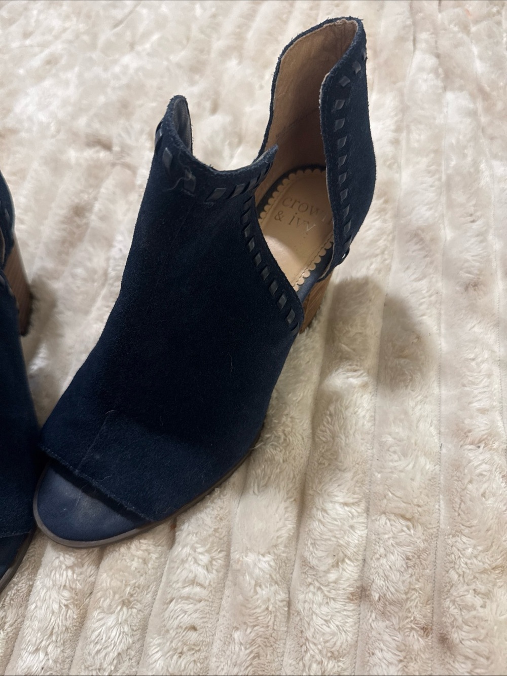 crown & ivy Navy Suede Open-Toe Cutout Heel Booties